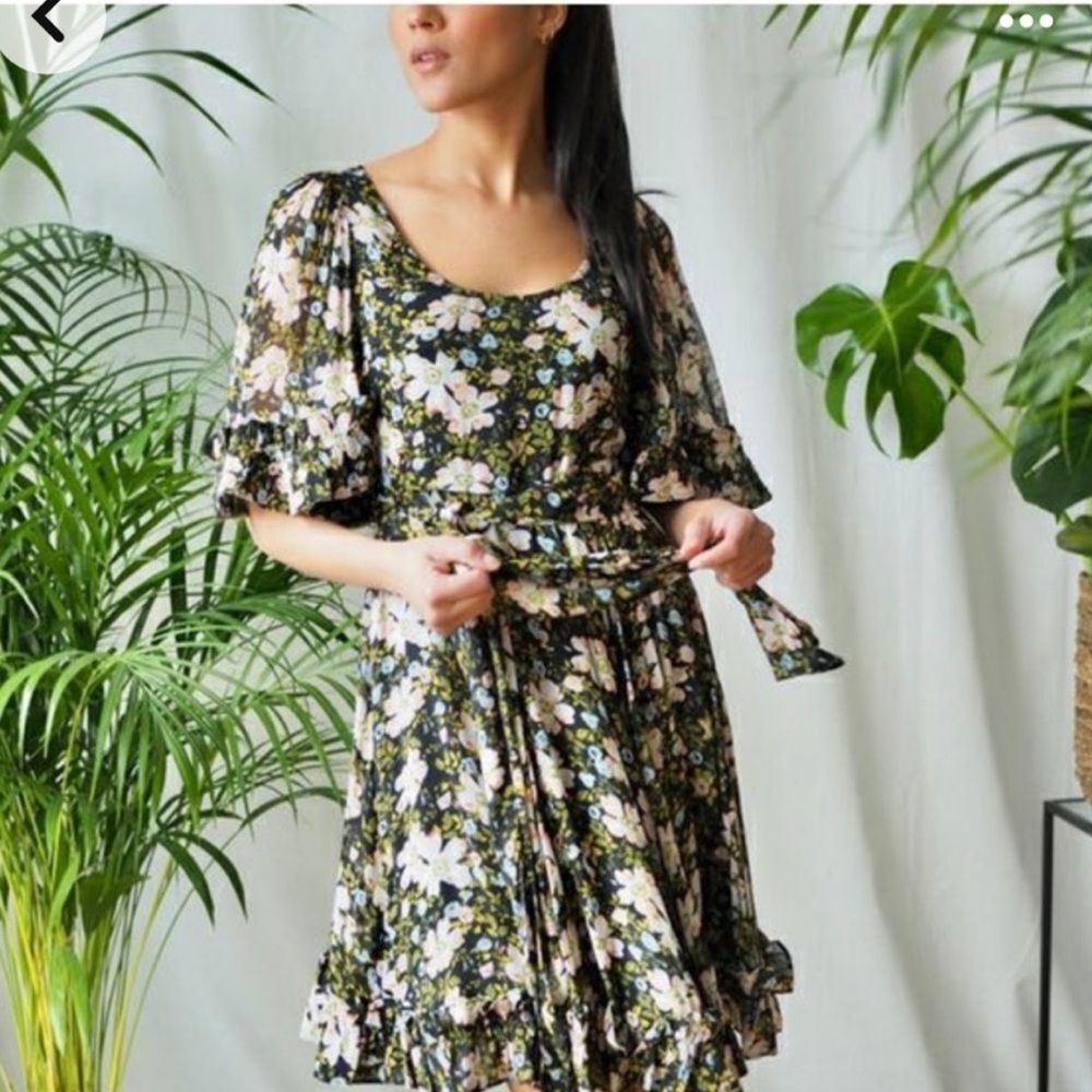 NWT ByTiMo | Black Pink Field Georgette Floral Flounce Mini Dress‎ XS